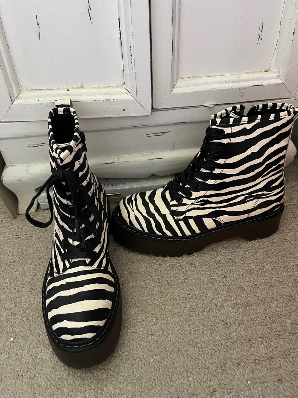 Call It Spring Zebra-Print Lace-Up Platform Boots - Black & White